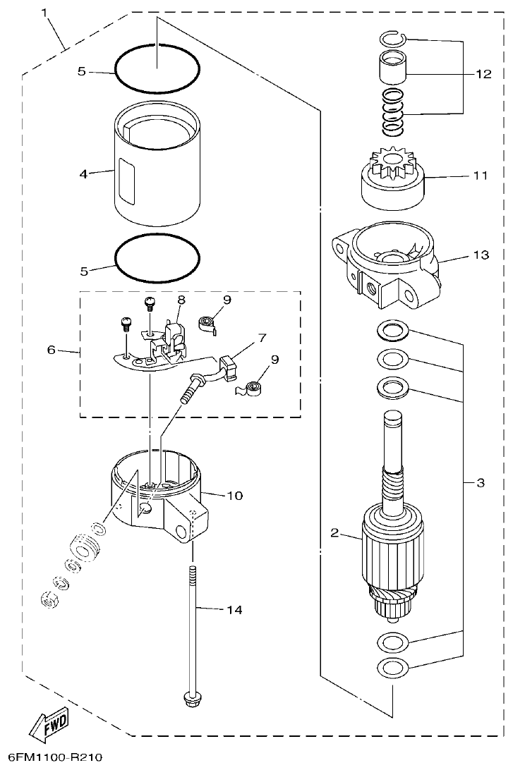 Yamaha F25G STARTING MOTOR parts diagram